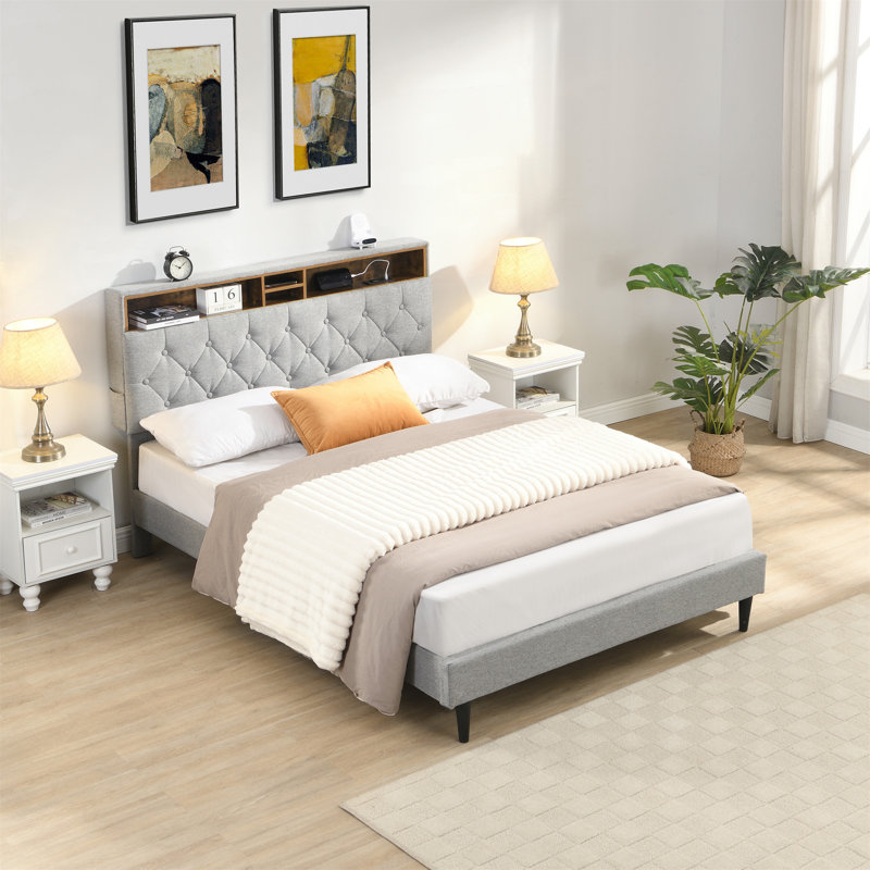 Grand lit plateforme tapissier avec chargement USB, poches de rangement, tête de lit capitonnée, Gris clair, Grand lit