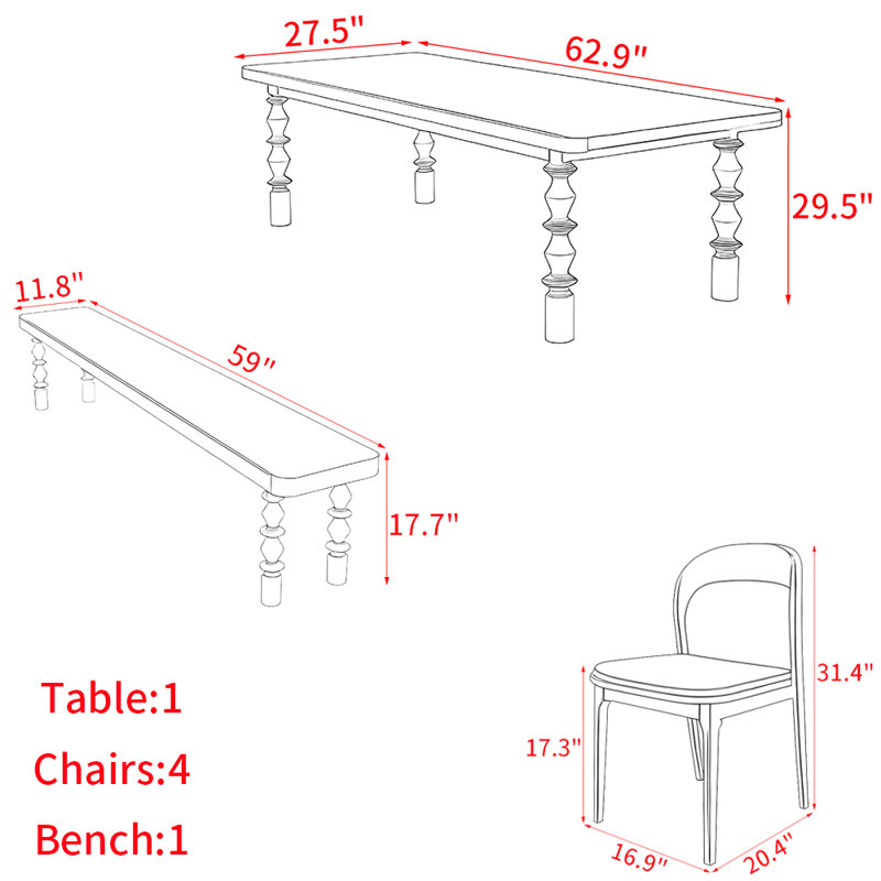 French style retro solid wood table set, 29.5"H x 62.9"L x 27.5"W