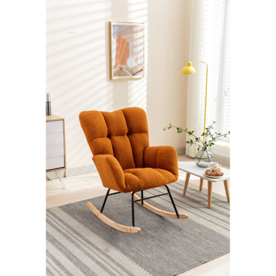 Fauteuil oscillant d'intérieur berçant moderne avec tissu, rembourrage en mousse, structure en bois d'eucalyptus et base en métal noir, convient au salon de la chambre à coucher, capacité de 250 lb, assemblage rapide et facile avec