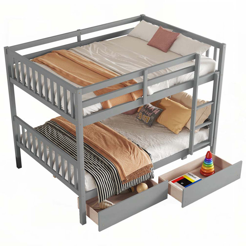 Lit superposé double en bois d'hévéa double avec 2 tiroirs, convertible en 2 lits doubles, lit superposé double avec échelle et garde-corps de sécurité, gris