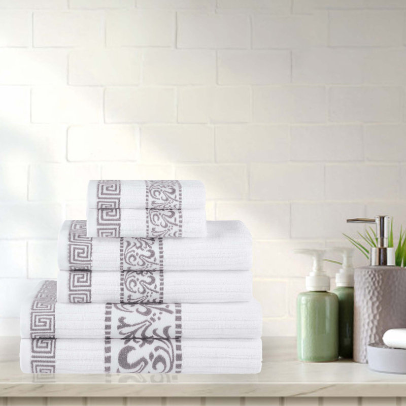 Mikira Athens Cotton Medium Weight Floral Border Greek Key Trim 6 Piece Assorted Towel Set, White/Chrome