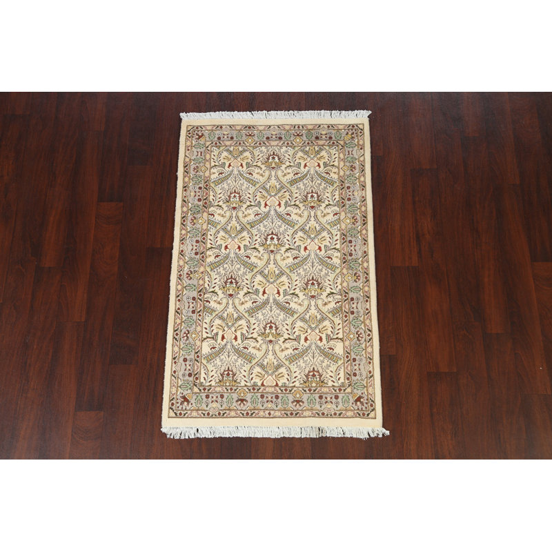 Tapis beige / ivoire noué à la main de conception unique 3 pi 1 po x 5 pi New Age