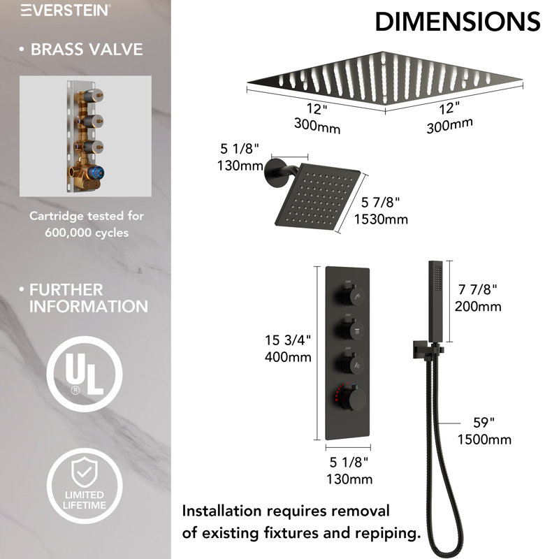 Thermostatic Dual Showerheads System, Ceiling Mount 12" LED Rainfall Shower Faucet with 6" Shower Head, Handheld Spray