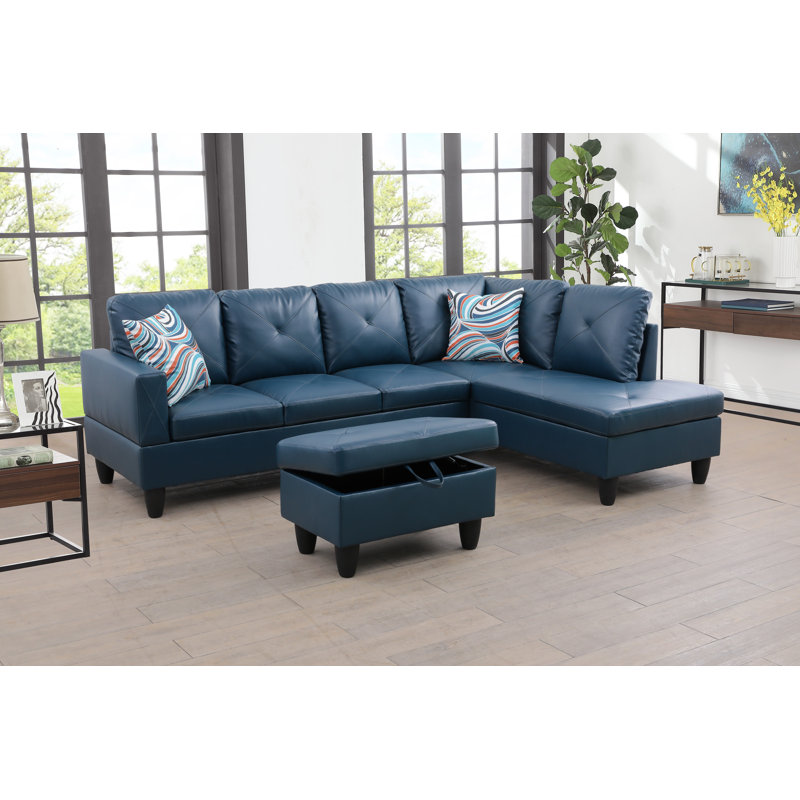 Halid Wide Sofa & Chaise with Ottoman, Right Hand Facing, Faux Leather Navy Blue