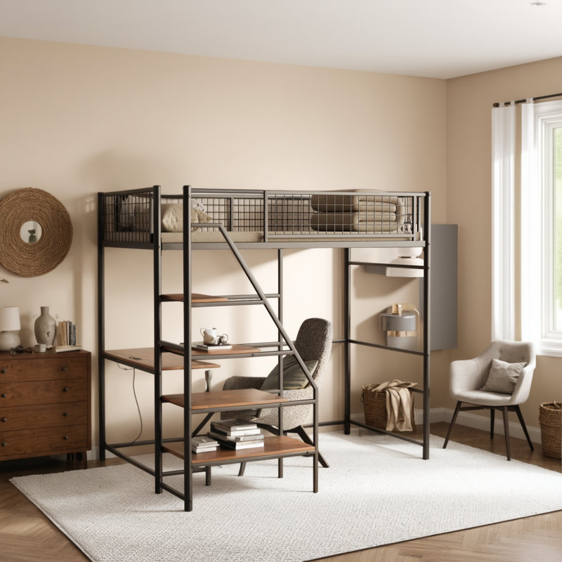 Perfect For Bedrooms And Dorm Rooms, This Metal Bunk Loft Bed Saves Space With A Built-In Charging Station And LED Lighting.