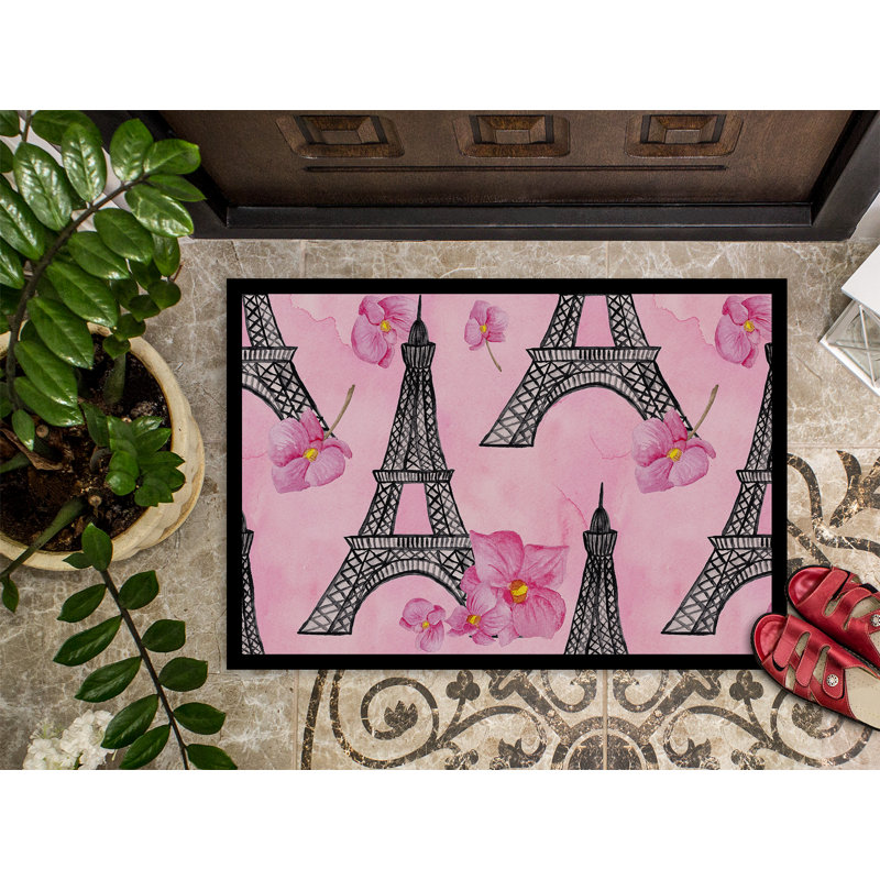 Tapis de porte d’extérieur anti-dérapant à fleurs et à la tour eiffel Ulysses, H 0,25 po x l 27 po x P 18 po
