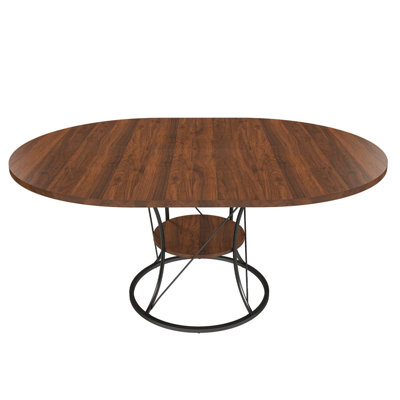 43 inch Round Dining Table for 4-6, Expandable Farmhouse Kitchen Table with Storage Shelf & Metal Base,Extendable Wood Table from 43 to 59 inch, Large