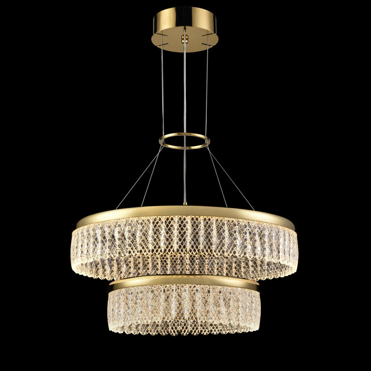Double tiered LED pendant in a gold finish and delicate lattice detailed crystal glasses with scalloped edge