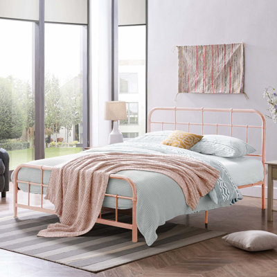 Queen Size Metal Bed With Rounded Corner Headboard And Footboard