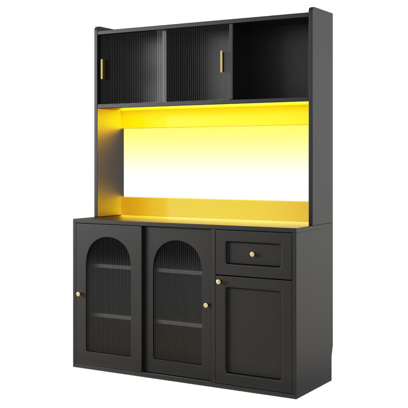120×35×167cm White & Black Tall Buffet Display Cabinet with Sliding Glass Doors, App-Controlled Music Sync LED Lights & Adjustable Inner Shelves