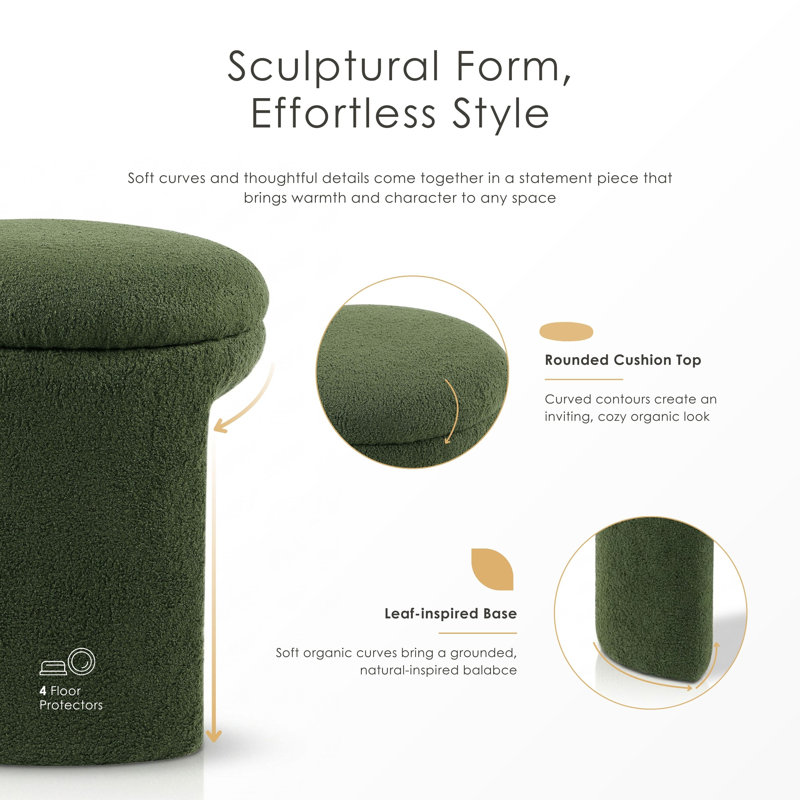 Bowen 18"W Upholstered U-Shaped Accent Ottoman, Green Faux Shearling Teddy Fabric