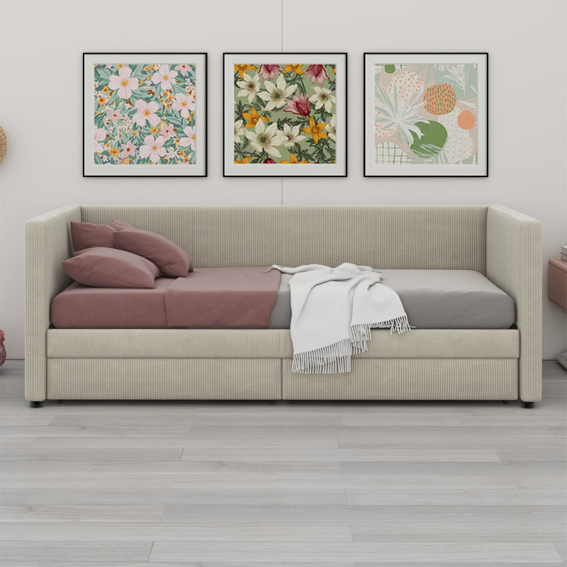 Corduroy Daybed With Two Drawers And Wood Slat, Beige