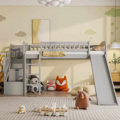 Stairway Twin Size Loft Bed With Two Drawers And Slide