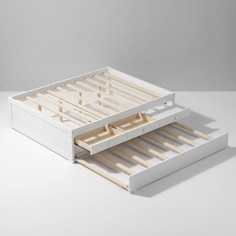 Full Size Platform Bed with Integrated Trundle, Dual Storage Drawers, and Built-in Power Outlet for Modern Bedroom Spaces