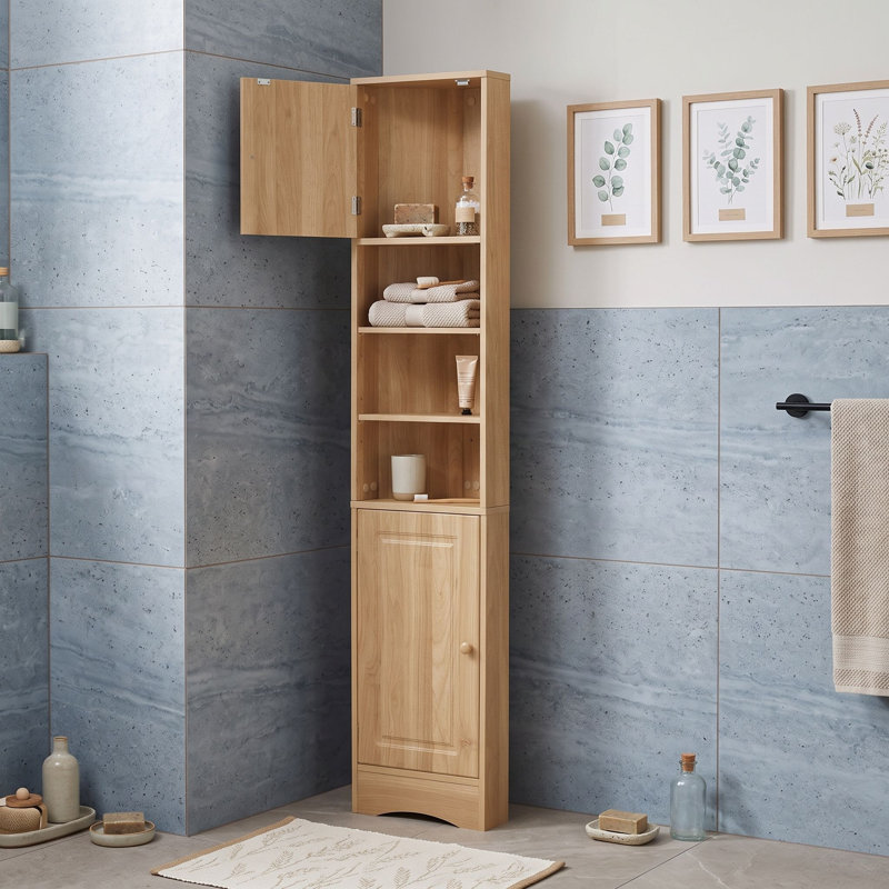 Meuble de rangement en coin triangulaire haut pour salle de bain, avec 2 portes, 3 tablettes ajustables et dispositif anti-basculement
