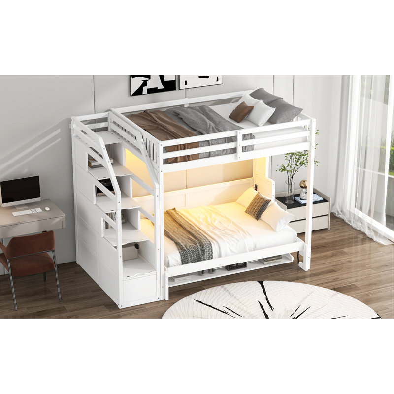 Lit mezzanine avec escalier de rangement et lit escamotable double avec lumière DEL