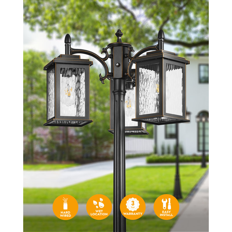 Outdoor Lamp Post Light with Outlet, Waterproof Dusk to Dawn Lamp Posts Outdoor Lighting 3-Head