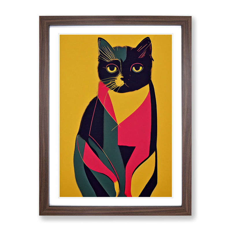 Colourful Cat No.4 Abstract - Wall Art, 36cm H x 27cm W x 2cm D, Walnut Framed, White