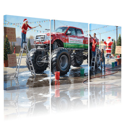 Christmas Christmas Car Wash Monster Truck Scene Set of 3 Canvas Wall Art Prints