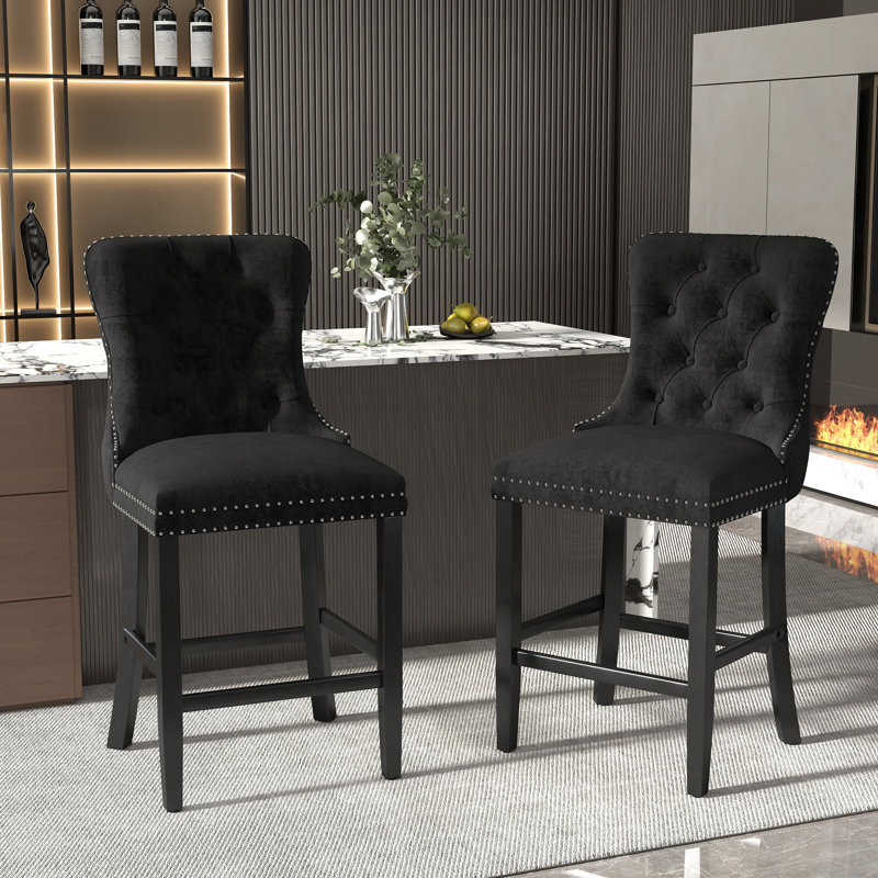 Tabouret de bar rembourré en velours avec dossier capitonné, chaises de bar, tabourets de bar, ensemble de 2, Noir