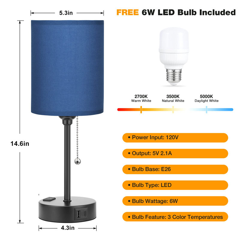 Petite lampe de table de chevet pour la chambre à coucher, Noir, noir, noir, noir, Marine