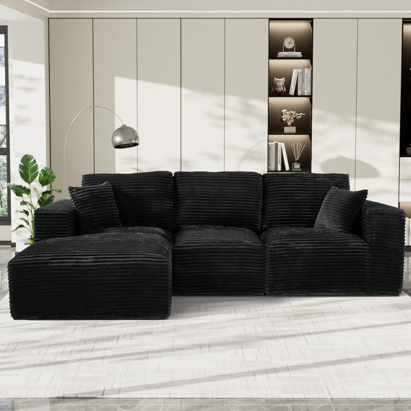 Canapé modulaire en velours côtelé avec méridienne Corduroy, Face à la gauche, Velours côtelé noir