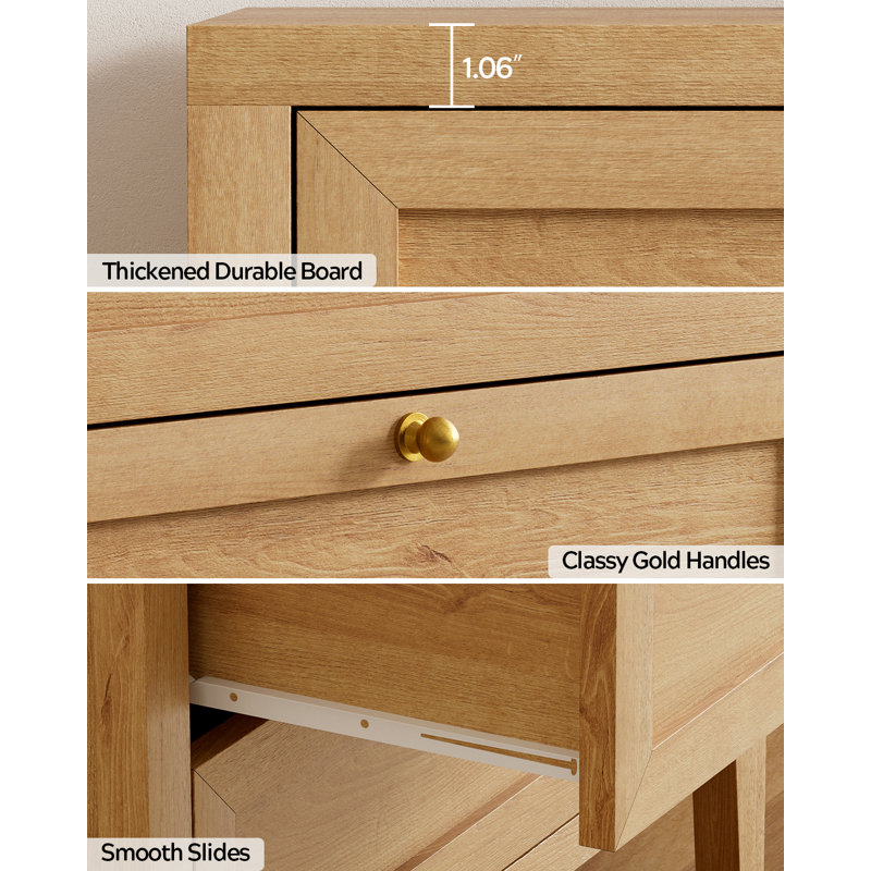 Farmhouse Nightstand With Build-In Power Strip For Bedroom, Living Room, Set of 2, Oak