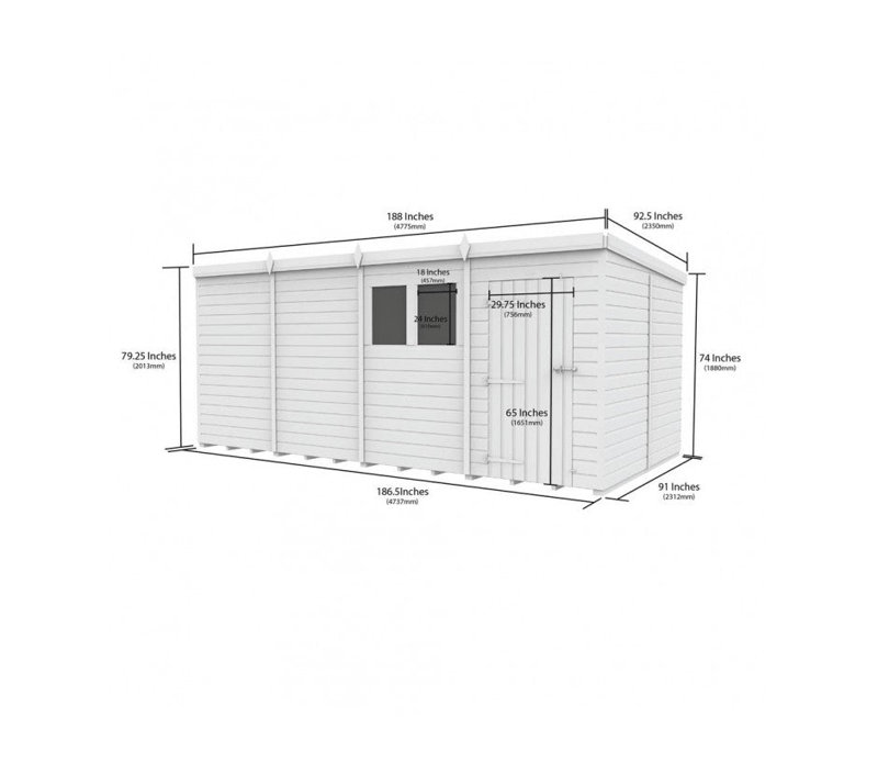 Total Sheds 16ft x 8ft Pent Garden Shed - Single Door - No Windows - Pressure Treated Timber - UK Manufactured