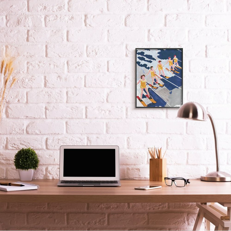 «Retro Waterski Women», peinture à l'aquarelle bleue et jaune surdimensionnée, giclée sur toile noire, art texturé par Stellar Design Studio