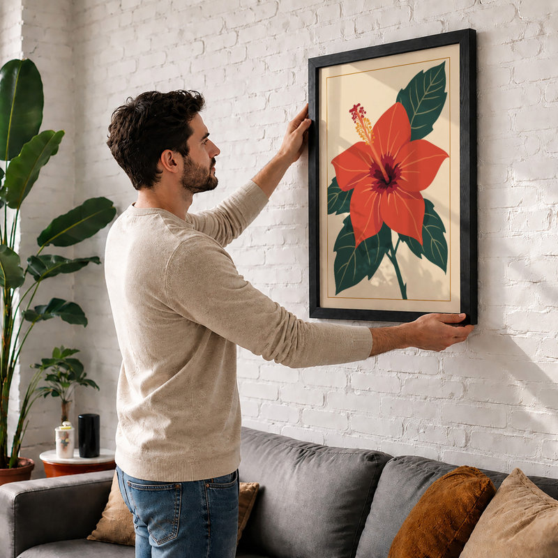 Red Hibiscus Bloom Botanical - Framed Print, A4 - 29.7 x 21.0 cm, Oak