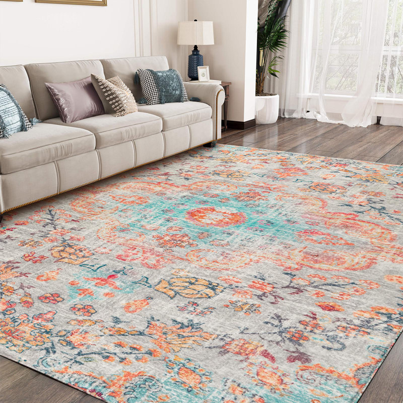 Juanelle Performance Washable Indoor Rug, Retangle 4' x 6', Teal & Coral