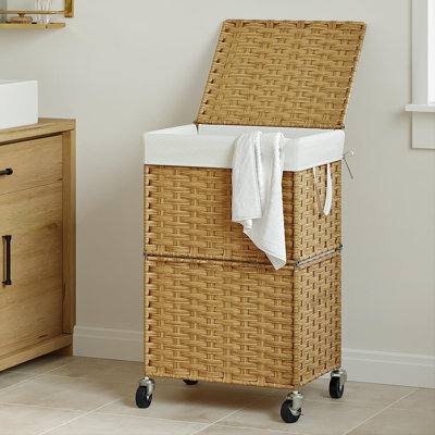 90L Slim Laundry Hamper With Wheels, Rolling Laundry Basket With Lid And Renovable Liner Bag, Handwoven Rattan Organizer For Bedroom, Bathroom, Laundry Room