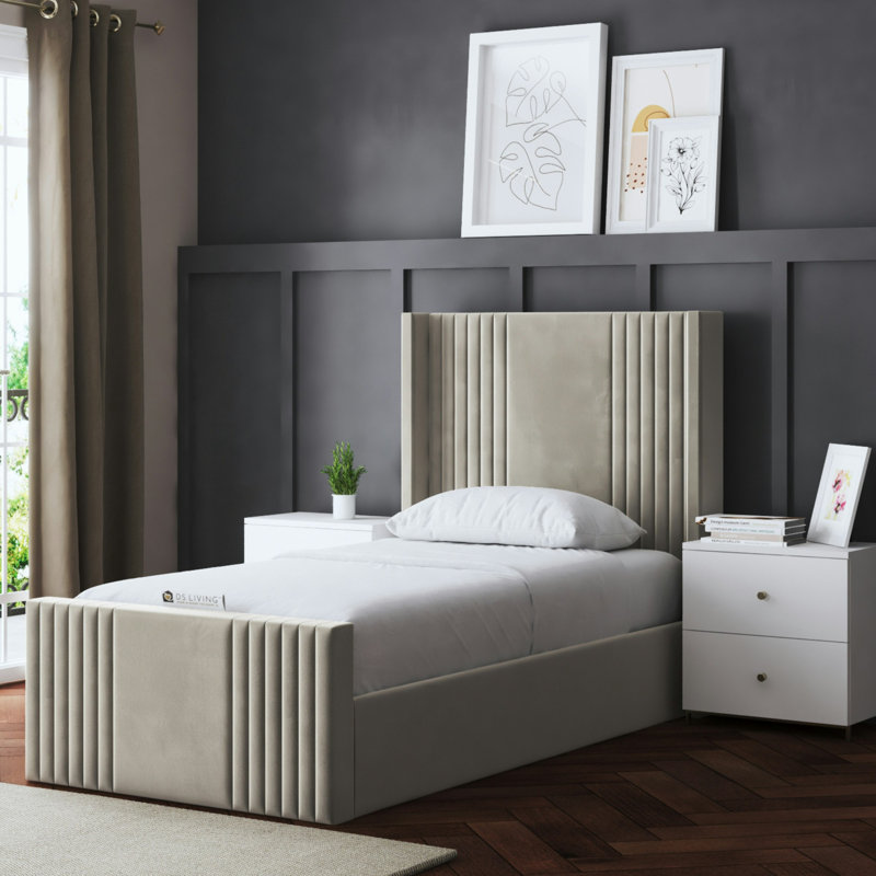 Elara Winged Ottoman Panel Bed with Headboard, Beige, Single (3')