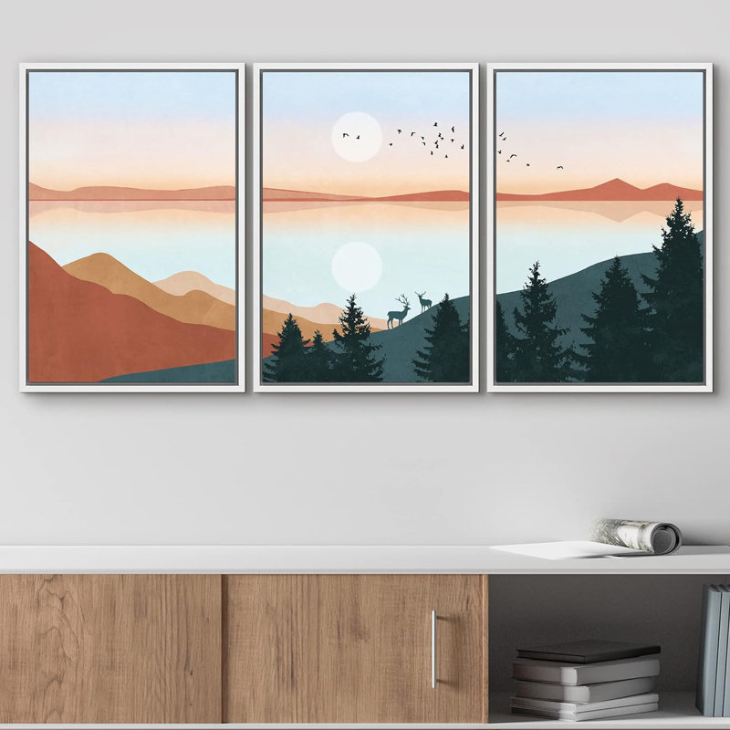 «Pastel Sunset Horizon Mountain», impression sur toile 3 pièces, H 24 po x l 48 po x P 1,5 po, Toile encadrée flottée blanche