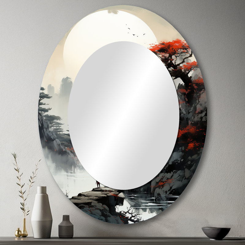 Asian Art Samurais Landscape III - Miroir mural Mid-Century, 43 po x 33 po