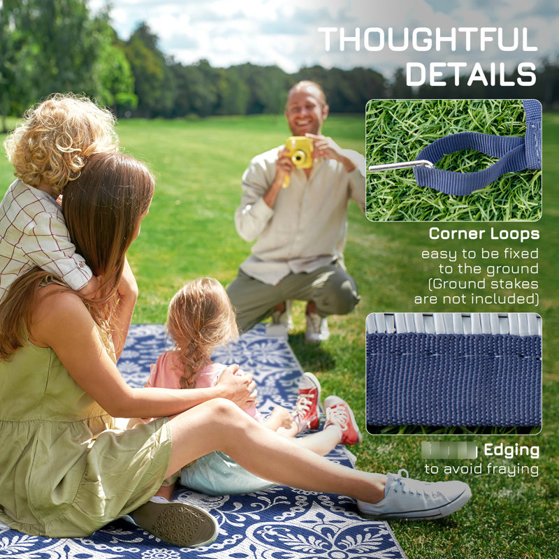 Tapis d'extérieur réversible imperméable en polypropylène bleu et blanc, 2,74 m x 5,49 m, avec sac de transport inclus. Parfait pour les pique-niques, la plage, le jardin, la terrasse, le VR et le patio. Fabriqué en plastique souple.