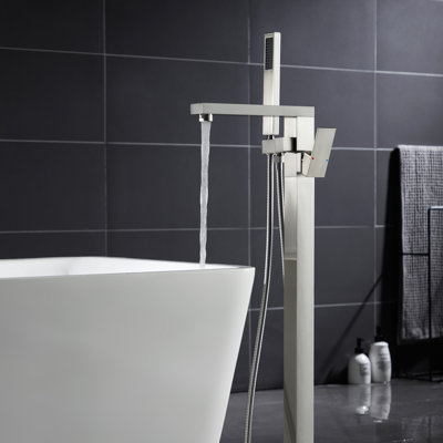 Modern 2-Handle Deck-Mount Tub Filler Faucet With Handheld Shower, 360° Swivel Spout, Cupc Ceramic Valve, Matte Black / Brushed Gold / Brushed Nickel