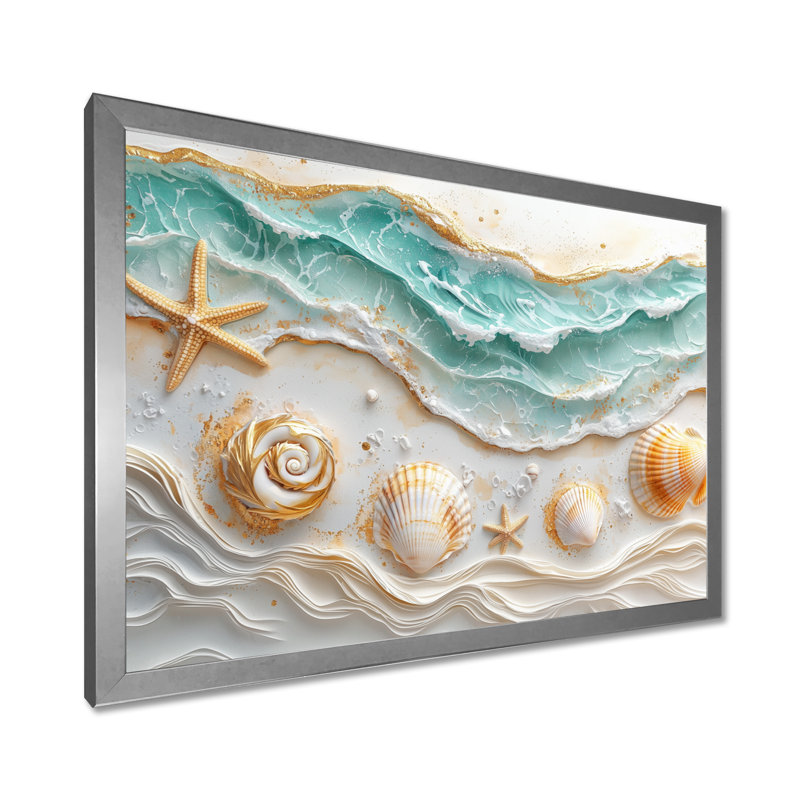 Coquillage et plage marbrée, paysage I - art mural côtier, Argent argent, H 34 po x l 44 po, Picture Framed