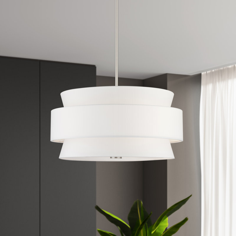 Lustre suspendu 5 lumières en nickel brossé avec abat-jour en tissu blanc cassé fabriqué à la main