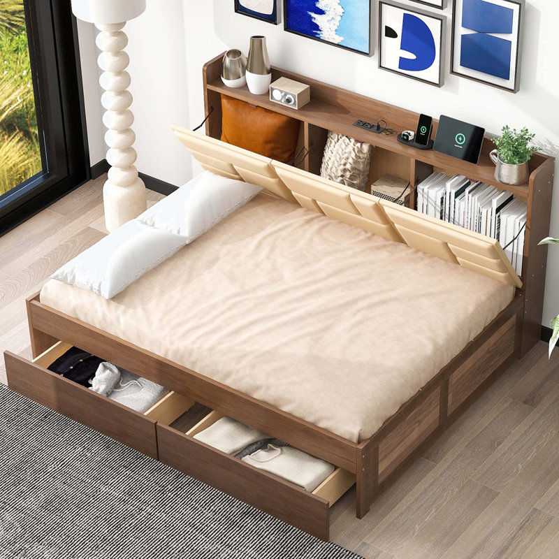 Lit de jour en bois avec tablettes de rangement rembourrées, ports USB et 2 tiroirs, Double