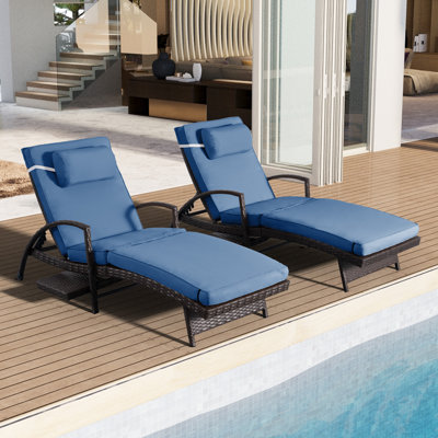 2 Piece Outdoor Wicker Chaise Lounge Set Adjustable Pool Lounge Chairs with Cushions and Built-in Side Table