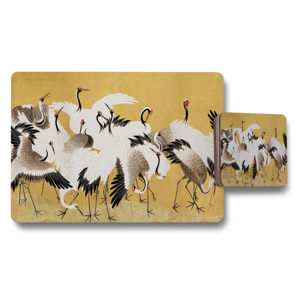Crane Placemats And Coaster Set With Gold Background Artwork