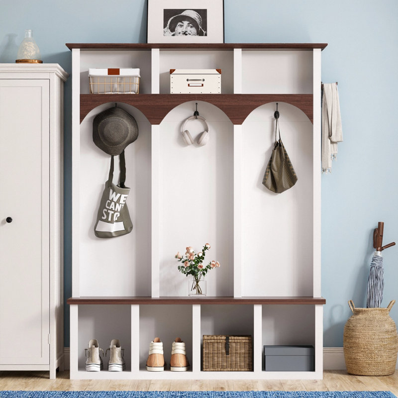 White Farmhouse Hall Tree with Storage Bench & 5 Hooks - Walnut Finish Entryway Organizer, White