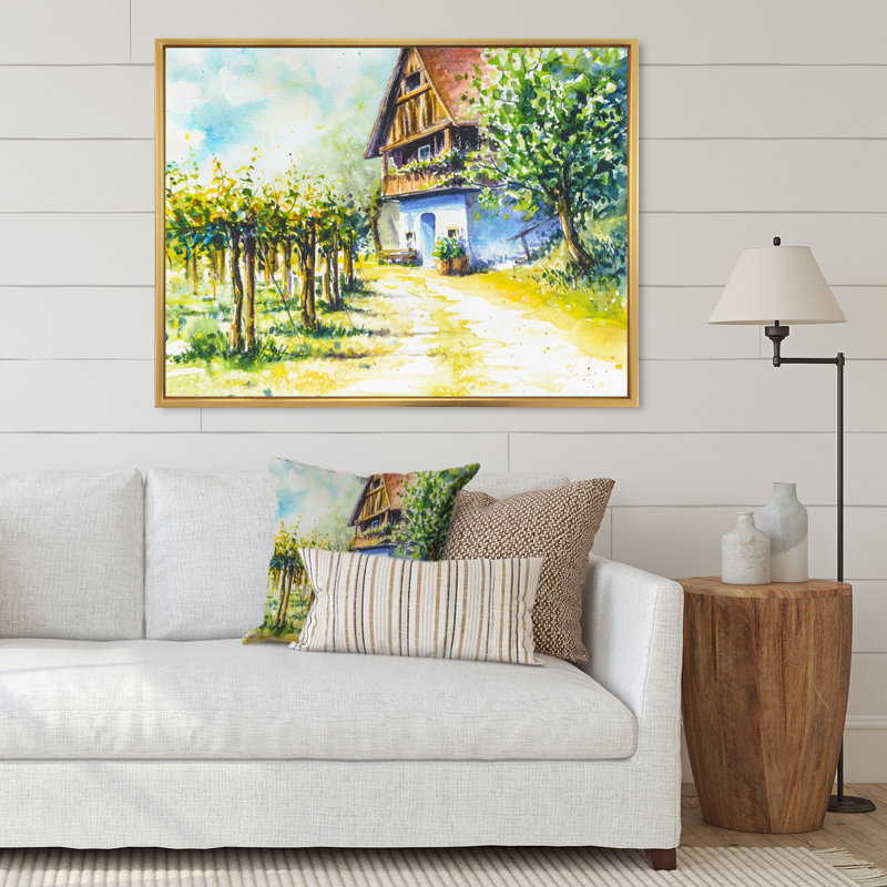 Maison près du vignoble - Peinture sur toile, Cadre doré, H 25 po x l 33 po