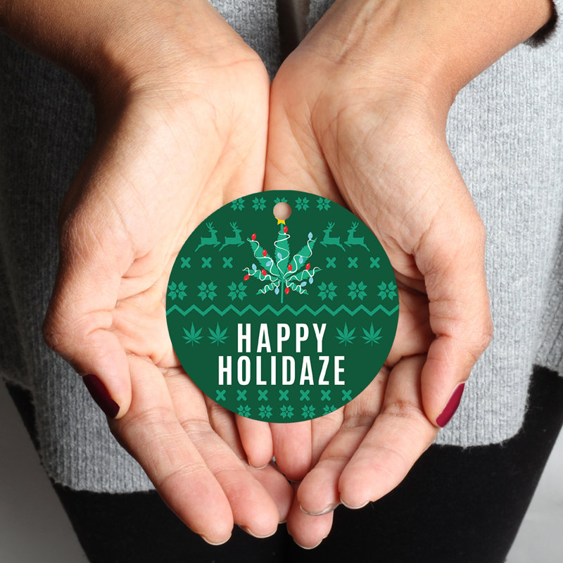 Ornement de Noël rond en métal drôle de cannabis, Holidaze joyeux