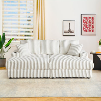 Vega 84"W Luxury Corduroy Chaise Lounge, 3 Seater, Armrest Storage Compartment