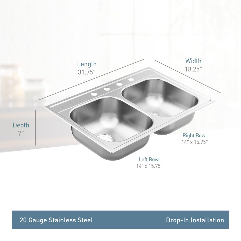 2000 Series 18" W Double Basin Drop-In Kitchen Sink, 4 Hole