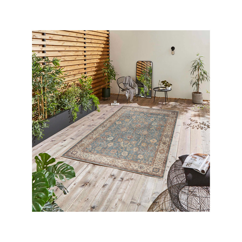 Oriental Machine Washable Area Rug in Blue/Cream, Rectangle 5'3" x 7'6"