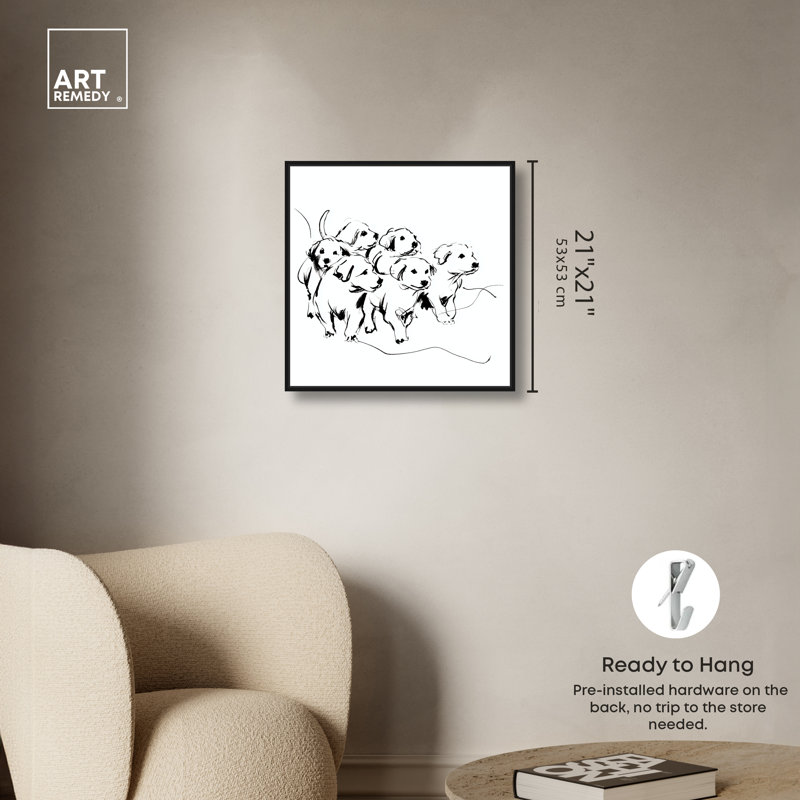 Encre chiots II, impression sur toile encadrée par Art Remedy, cadre noir, 20 x 20, 21"H x 21"W, Black Frame