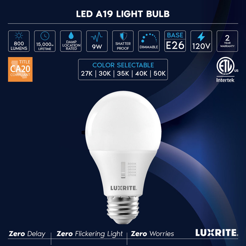 Ampoule DEL Luxrite A19 100W CRI90, 5CCT sélectionnable 2700K-5000K, à intensité variable, ampoules DEL standard, titre E26 CA20, ETL énuméré